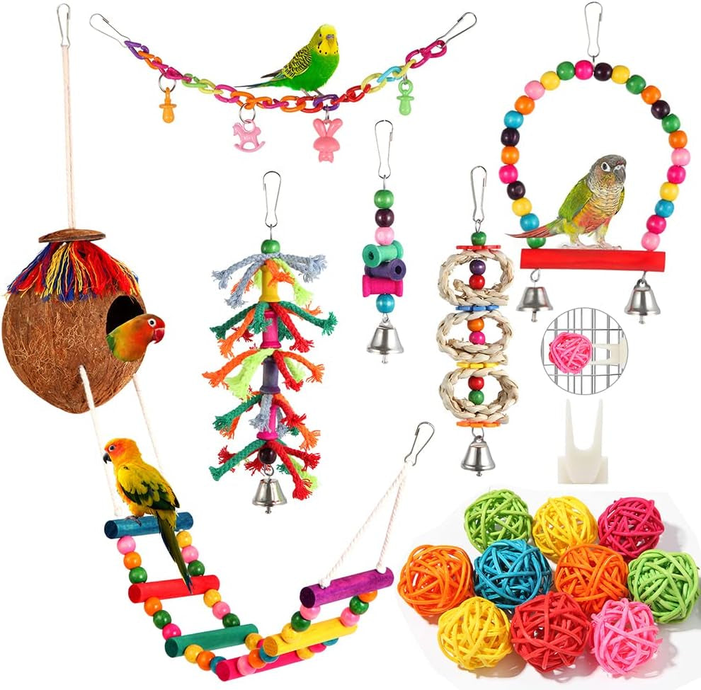 Colorful Bird Swing Set - Hanging Chew Toys with Bells, Ladder & Coconut for Parakeets, Cockatiels & Conures