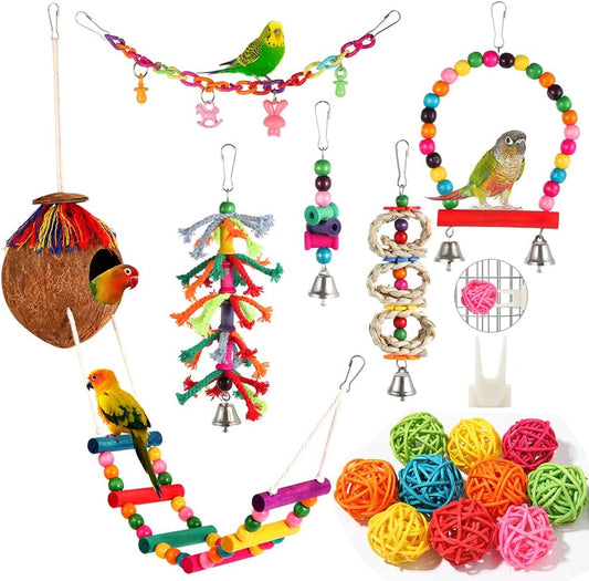 Colorful Bird Swing Set - Hanging Chew Toys with Bells, Ladder & Coconut for Parakeets, Cockatiels & Conures