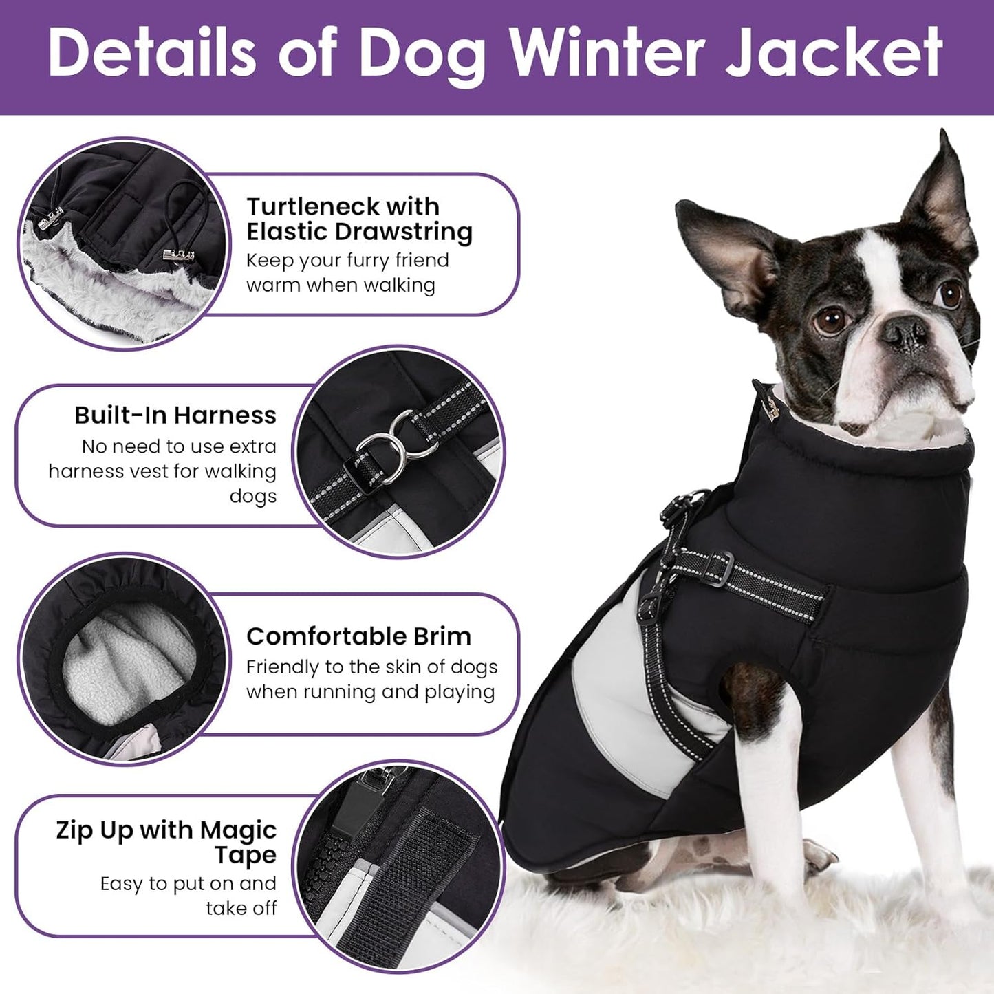 Dog Winter Coat, Waterproof Dog Coat Jacket with Harness for Medium Dogs Boys Girls, Reflective Fleece Lined Pet Snow Jacket Sweaters for Pug, Jack Russel, Boston Terrier, Black M