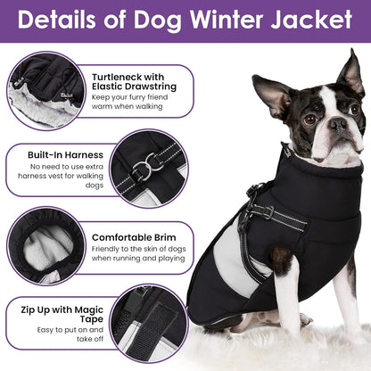 Dog Winter Coat, Waterproof Dog Coat Jacket with Harness for Medium Dogs Boys Girls, Reflective Fleece Lined Pet Snow Jacket Sweaters for Pug, Jack Russel, Boston Terrier, Black M