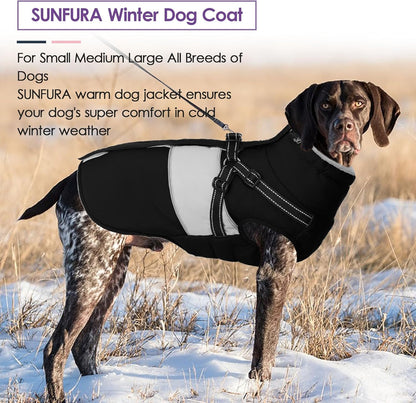 Dog Winter Coat, Waterproof Dog Coat Jacket with Harness for Medium Dogs Boys Girls, Reflective Fleece Lined Pet Snow Jacket Sweaters for Pug, Jack Russel, Boston Terrier, Black M