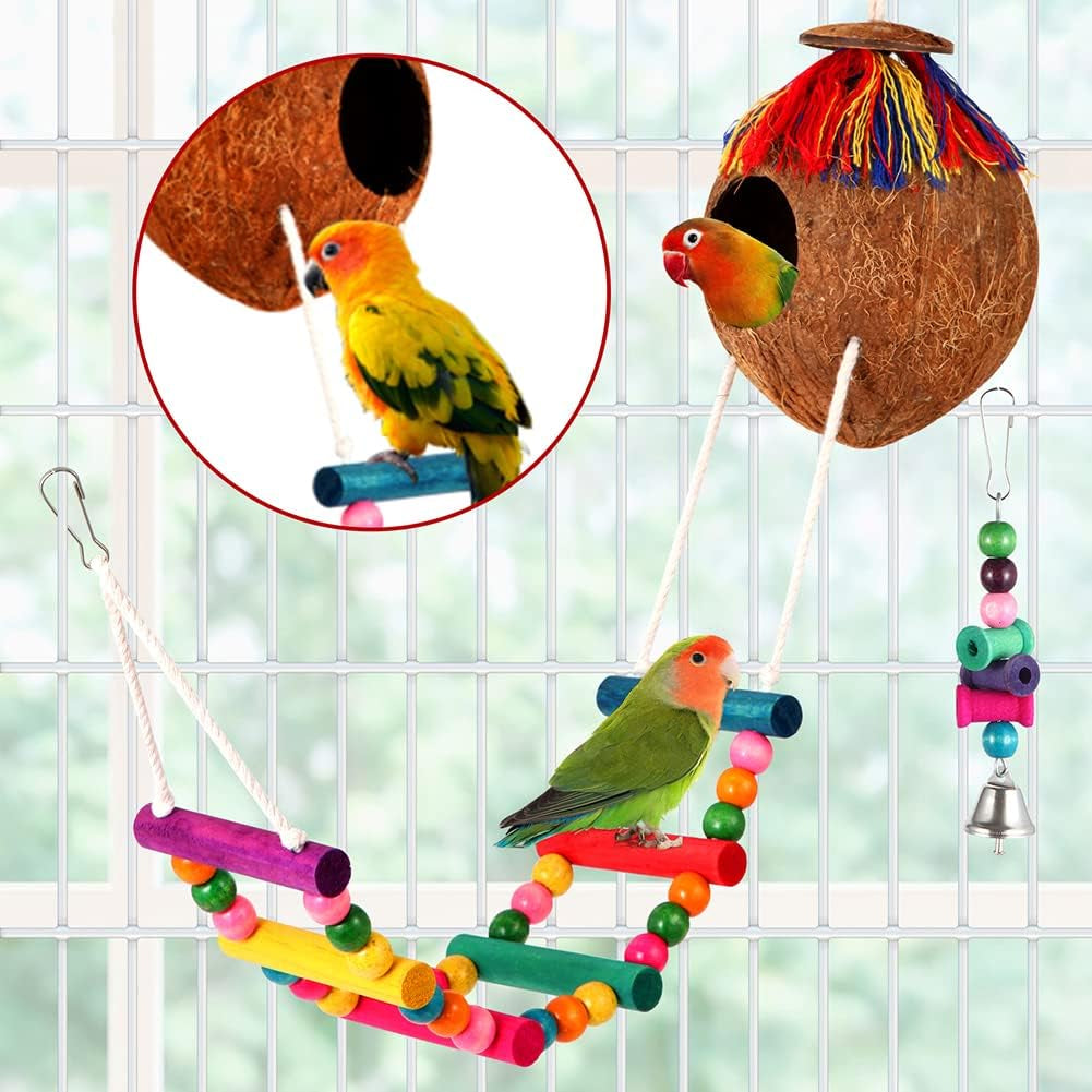 Colorful Bird Swing Set - Hanging Chew Toys with Bells, Ladder & Coconut for Parakeets, Cockatiels & Conures
