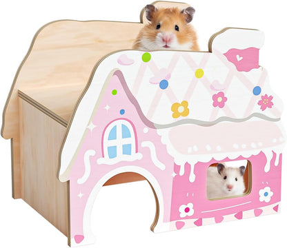 Hamster Hideout - Wooden Hamster House Multiple Entrances Small Animal Habitat Cage Accessories & Decor for Syrian Dwarf Gerbils Rat Mouse