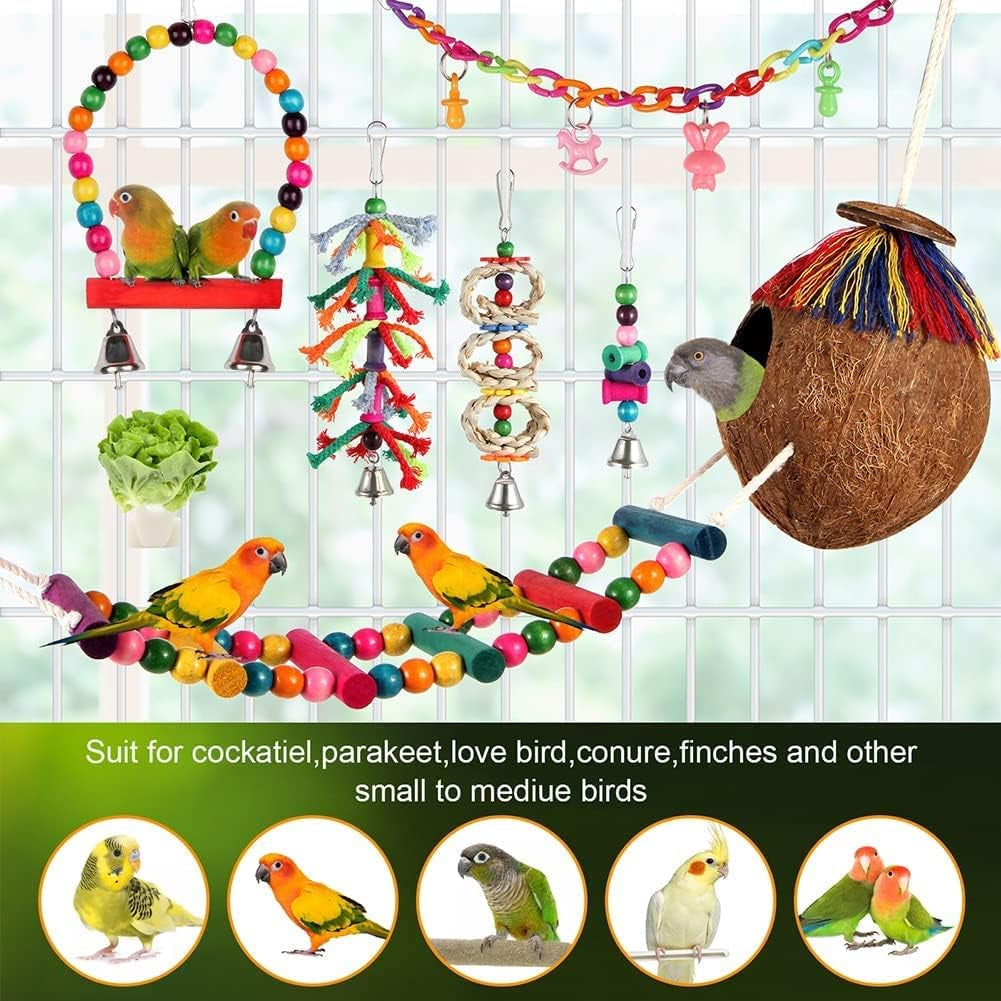 Colorful Bird Swing Set - Hanging Chew Toys with Bells, Ladder & Coconut for Parakeets, Cockatiels & Conures