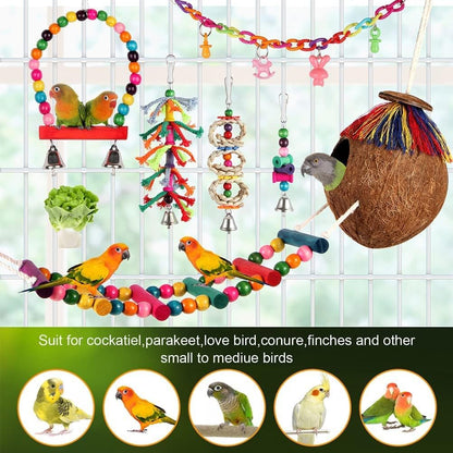Colorful Bird Swing Set - Hanging Chew Toys with Bells, Ladder & Coconut for Parakeets, Cockatiels & Conures