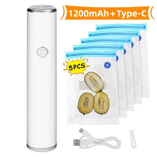 Handheld Vacuum Sealer with 5 Reusable Bags  Powerful Compact Vacuum Sealer for Food, Seal Meal Saver, Portable Food Sealer for Storage & Preservation, White