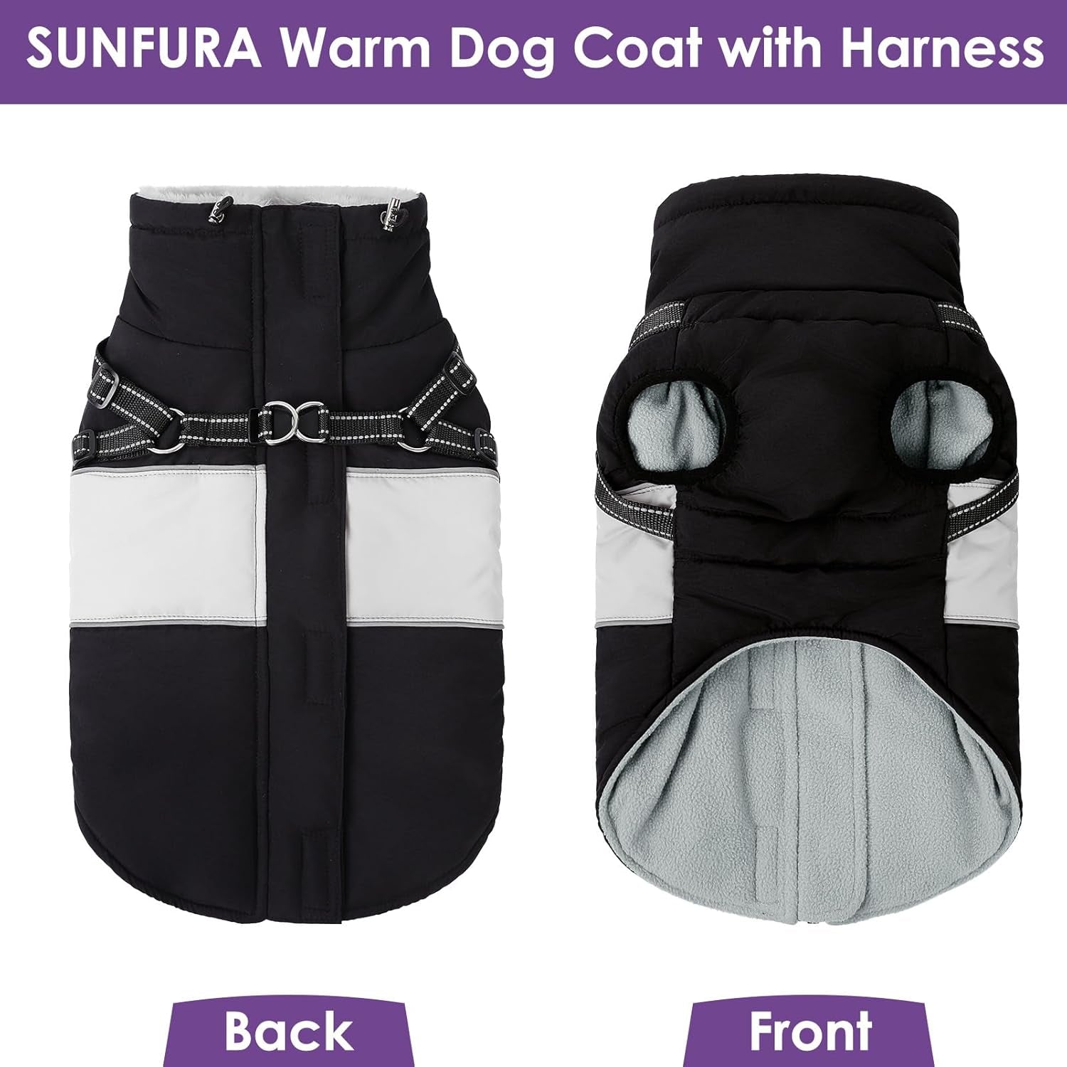 Dog Winter Coat, Waterproof Dog Coat Jacket with Harness for Medium Dogs Boys Girls, Reflective Fleece Lined Pet Snow Jacket Sweaters for Pug, Jack Russel, Boston Terrier, Black M