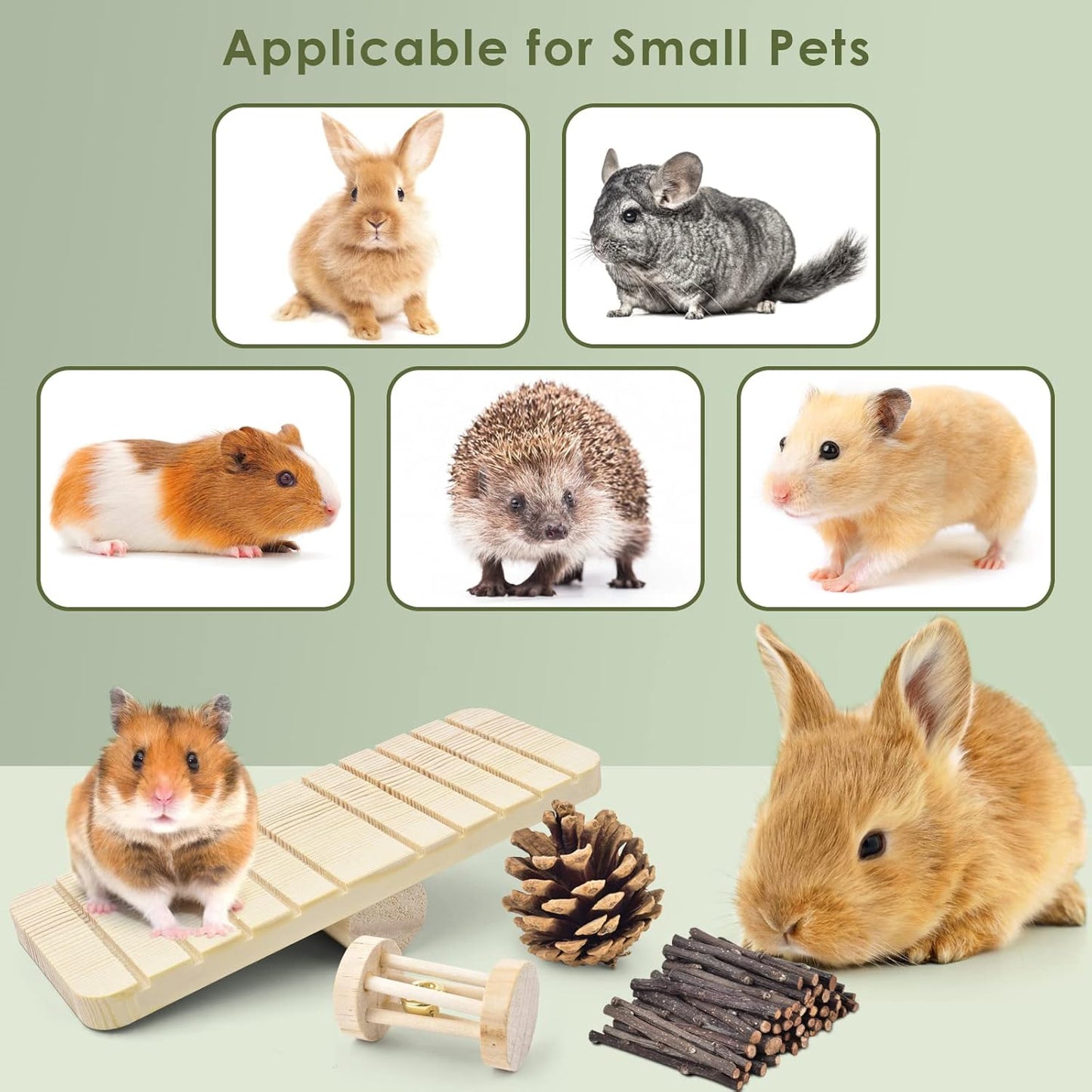 Safe 12 Pack Hamster Chew Toys Gerbil Rat Guinea Pig Chinchilla Chewing Toys Cage Accessories, Natural Wooden Dumbbell Exercise Bell Roller Teeth Care Molar Toy for Rabbits Bird Small Animals