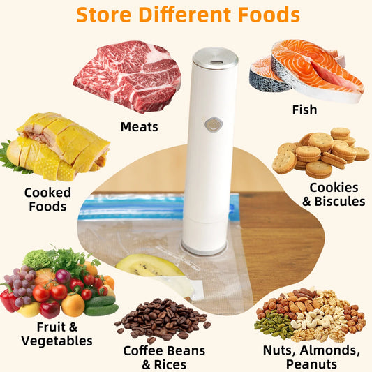Handheld Vacuum Sealer with 5 Reusable Bags  Powerful Compact Vacuum Sealer for Food, Seal Meal Saver, Portable Food Sealer for Storage & Preservation, White