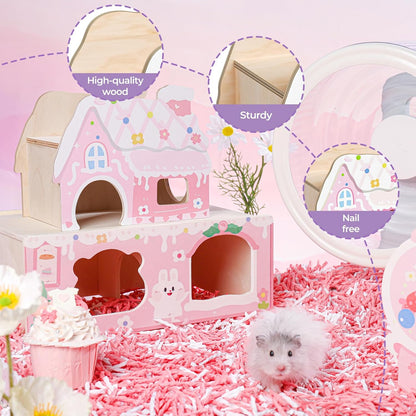 Hamster Hideout - Wooden Hamster House Multiple Entrances Small Animal Habitat Cage Accessories & Decor for Syrian Dwarf Gerbils Rat Mouse