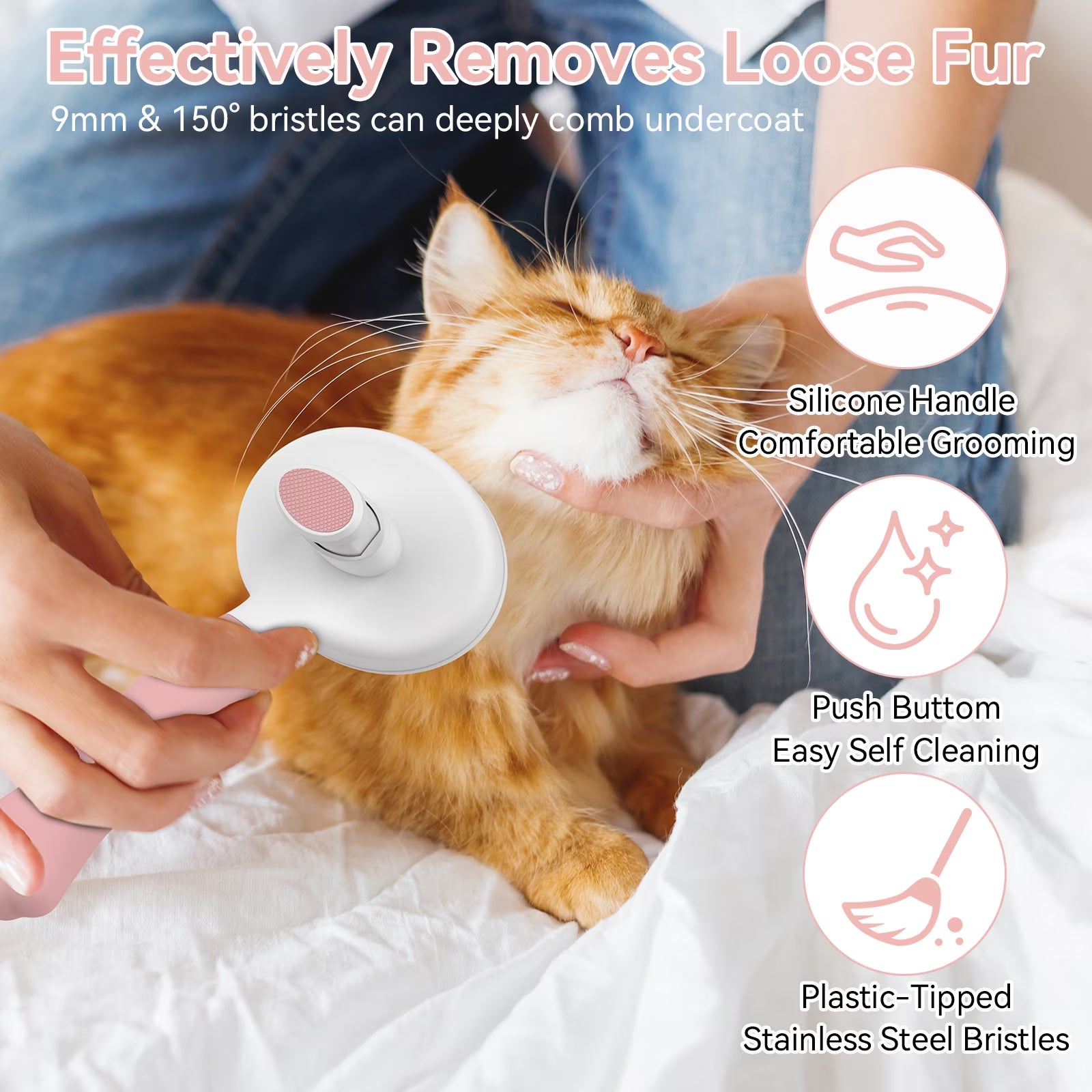 Cat & Dog Grooming Brush – Self-Cleaning Slicker Brush for Shedding, Removes Loose Fur & Tangles, Gentle & Skin-Friendly, Perfect for All Coat Types – Pink
