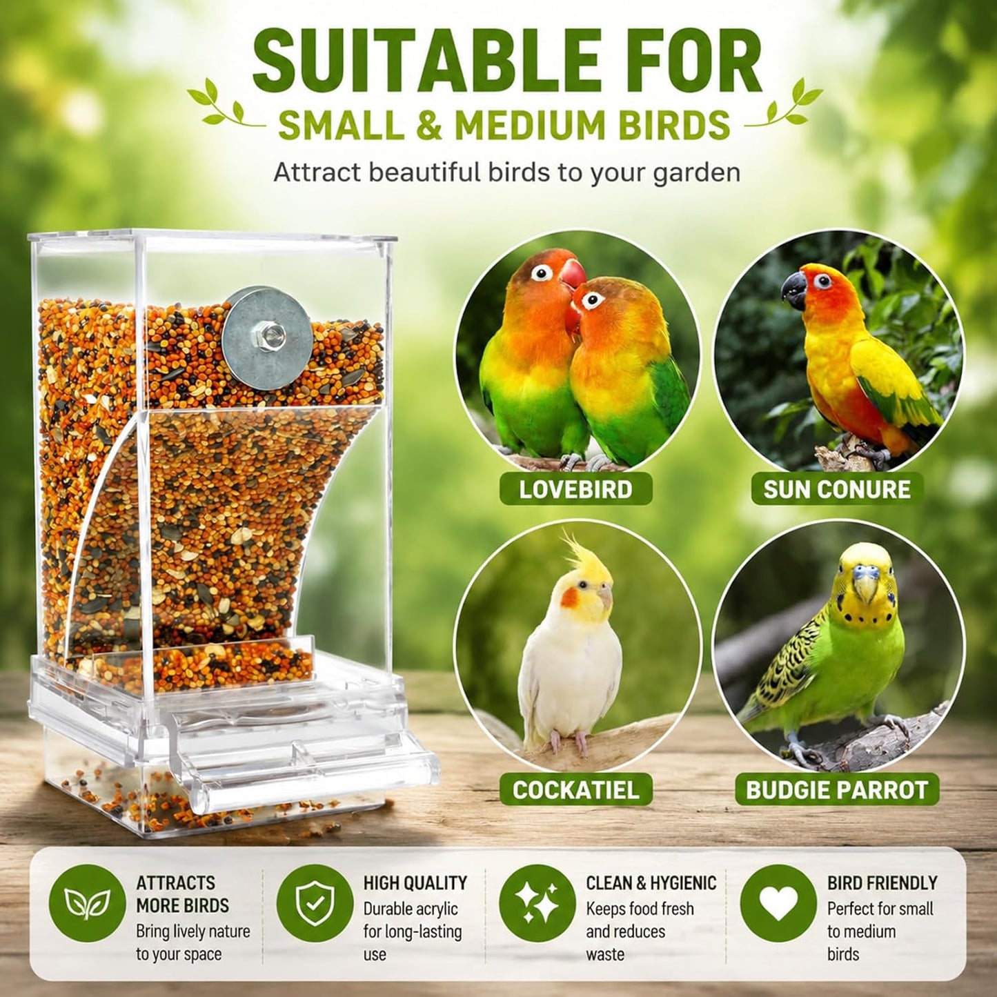 No Mess Automatic Bird Feeder Transparent Food Container Cage Acrylic Parrot Feeder Accessories for Small Birds Parrot Cockatoo Canary
