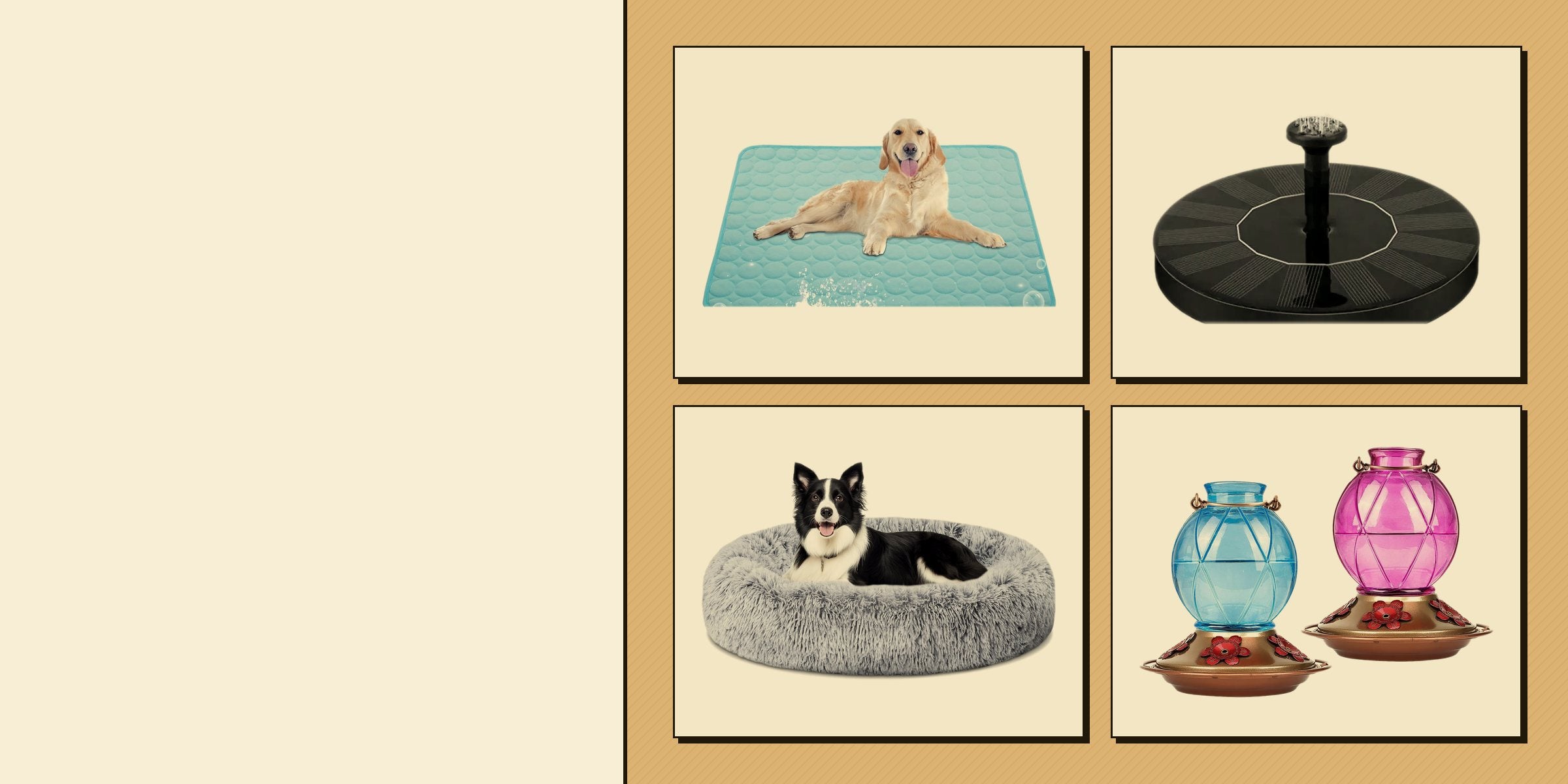 ZINSETT pet and home essentials — cooling mat, solar bird-bath fountain, calming dog bed and hummingbird feeders on a kraft shelf